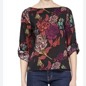 ALICE + OLIVIA Floral Rose Silk Blouse Size M Wide Neck Tab Rolled Sleeve *P16